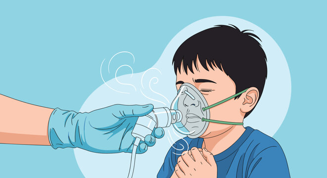 Young boy receiving respiratory treatment through a nebulizer mask held by a healthcare professional wearing blue gloves.