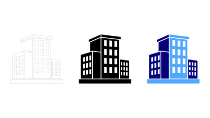 Obraz premium Modern building icon set line, solid, and colorful apartment office icons for urban design