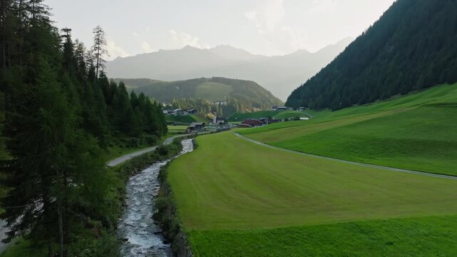 Aerial view of the city landscape of Otztal Umhausen Austria. Tourist points of Europe beautiful alpine villages in the valleys of the mountains.