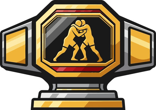 Golden Championship Belt with Wrestling Silhouette Symbol of Victory and Athletic Achievement trophy