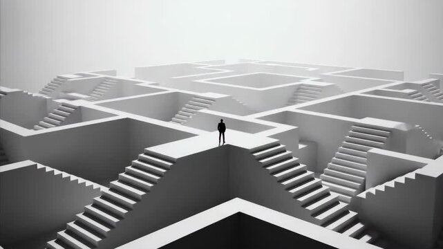 Maze Runner Lone figure navigates complex white staircase labyrinth.