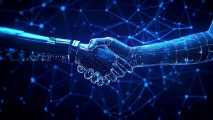 AI. Science technology. Hightech. Hologram. VR. AR. Background. 3D rendering of a futuristic robotic hand shaking hands against a digital blue background with a network of lines and dots. - Powered by Adobe