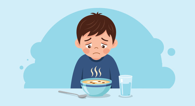 Sad young boy sits at a table with a bowl of hot soup and a glass of water, looking unwell and lacking an appetite due to illness.