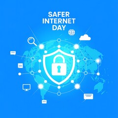 Global Safer Internet Day Concept with Shield, Lock & Connected Tech Icons on Blue World Map