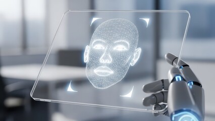 A robotic hand holding a transparent screen with a digital human face in a modern office setting.