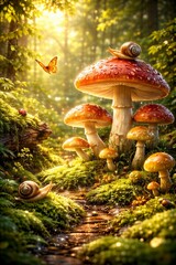 Fototapeta premium 3D semi-realistic deep forest mushroom ecosystem with layered moss, glossy fungi caps, snails, insects, soft realistic shadows, bright green-yellow-amber palette, strong depth layering