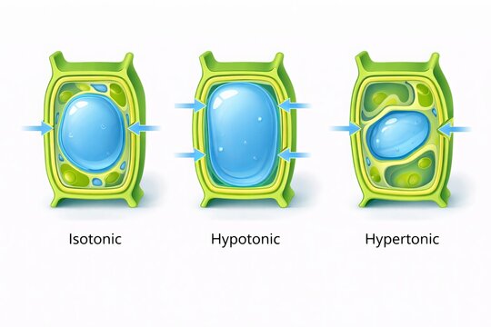 3D illustrative educational diagram showing isotonic, hypotonic, and hypertonic plant cells. Clear layered membranes, vacuoles, and water arrows. Strong depth separation, bright biological colors