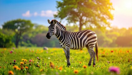 Fototapeta premium A zebra standing in a field of wildflowers under a clear sky, enjoying a bright sunny day. Its stripes are a striking contrast against the vibrant green and yellow surroundings