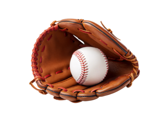 Baseball glove with ball, brown leather mitt catching white baseball, isolated on a transparent background