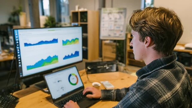 Medium shot of certified green appraiser using digital tools to measure energy consumption and environmental impact inside an ecoconscious office.