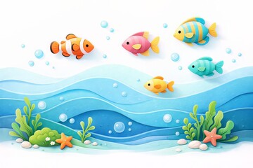 Obraz premium A playful 3D paper-cut underwater illustration with fish swimming above layered waves, seaweed, starfish, and bubbles. Soft shadows, smooth curves, pastel aquatic palette, whimsical marine mood