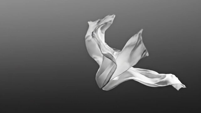White and black fabric waving in the air with smooth folds and creases on a gray background