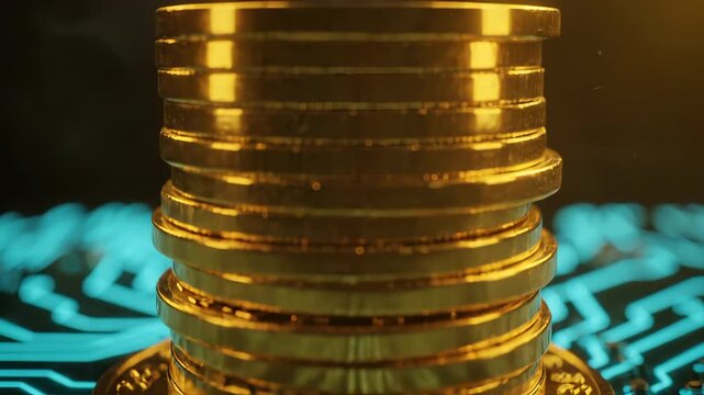 Gold cryptocurrency coins stacked on digital circuit. Bitcoin stack glows on blue technology network. Crypto coins on circuit board. Digital currency with glowing neon lines. Blockchain finance.