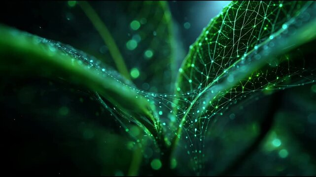 Abstract green plant with intricate interconnected digital network overlay