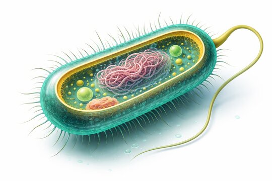 Highly detailed bacterial cell cutaway in 3D semi-realistic style, translucent membrane, visible DNA nucleoid, ribosomes, flagellum, vibrant teal and yellow tones, soft scientific lighting