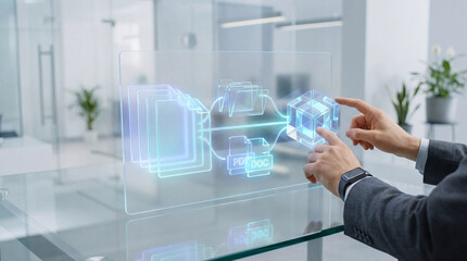 Businessman interacting with virtual data files on glass table in office