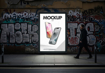 Backlit urban poster frame mockup on city wall