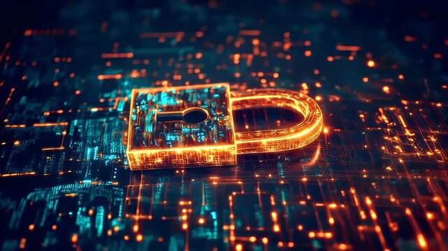 Firewall protection. Internet cyber security. Hightech. Technology. Encryption and decryption. A closeup shot of a circuit board with a glowing padlock on it. The padlock is the central focus.