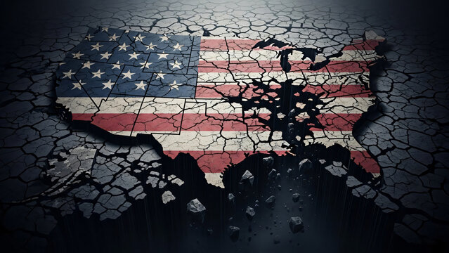 Cracked and crumbling map of the United States with the American flag, symbolizing national division, crisis, and potential collapse.