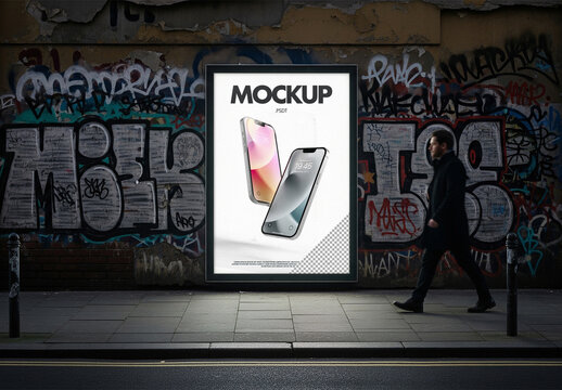 Backlit urban poster frame mockup on city wall