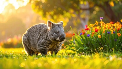 A wombat stands in a vibrant garden, with sunlight creating a warm, golden glow