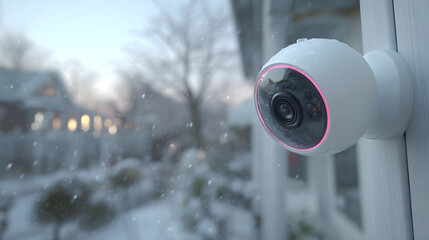 A sleek white smart security camera with a glowing pink ring is mounted outdoors, enduring a gentle winter snowfall while monitoring a blurred, frost-covered neighborhood at twilight
