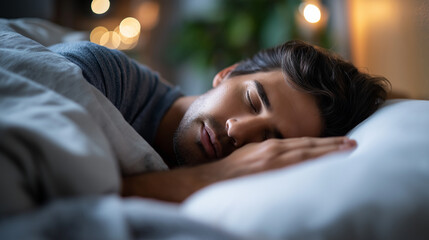 Sleeping insomnia people concept faceless person lying in bed at home at night sleep disorder restless evening bedroom struggle nighttime anxiety defocused background with