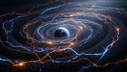 A cosmic energy field with a central planet surrounded by glowing blue and orange electrical currents and ripples.