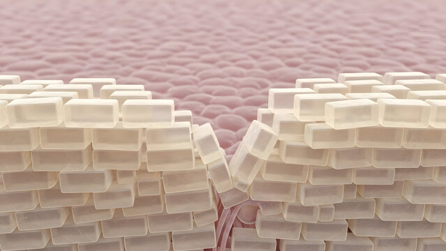 Vulnerable skin barrier damage is precisely illustrated in a microscopic 3D render, showing a compromised epidermal protective wall of translucent rectangular ceramide-like cells breaking apart,