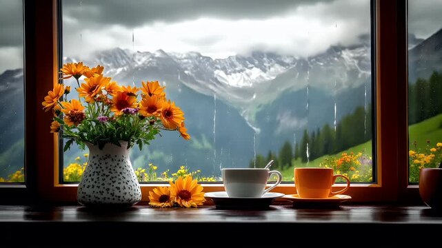 A vivid, sunflowerthemed photograph featuring a bouquet of yellow flowers in a vase against a window with a view of a mountainous landscape. The flowers are vibrant and varied in color.