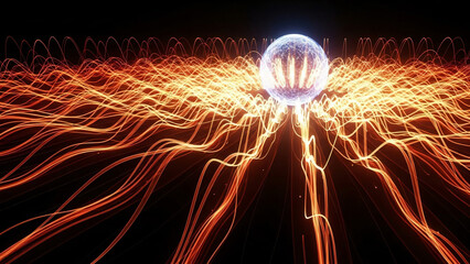 A glowing spherical core emits vibrant orange-red energy waves across a dark, abstract background, depicting a futuristic and dynamic power source.