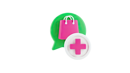 3D Icon: Shopping Bag with Plus Sign and Chat Bubble