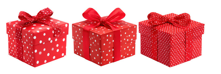 Three Red Wrapped Gifts with Bows and Polka Dots