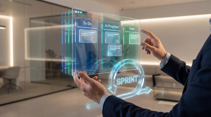 Businessman interacting with virtual project management interface in modern office
