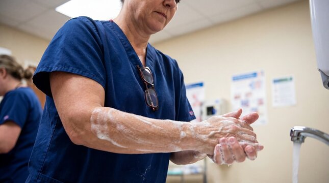 Nurse washing hands with soap foam at clinical sink demonstrating hygiene and infection control in hospital setting, focused and professional caregiver cleaning hands thoroughly