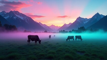 Cows grazing in misty mountain valley at sunset cattle