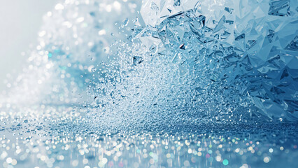 Close-up of sparkling blue ice shards and water droplets creating a frosty and refreshing abstract background.