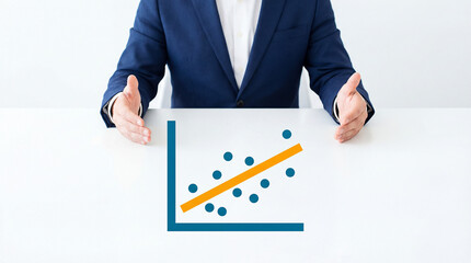 Businessman presenting a graph with an upward trend line and dots on a white table