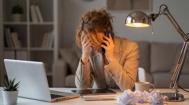 Stressed woman on phone at desk with laptop tablet coffee and crumpled paper, tired professional in home office late evening overwhelmed and anxious