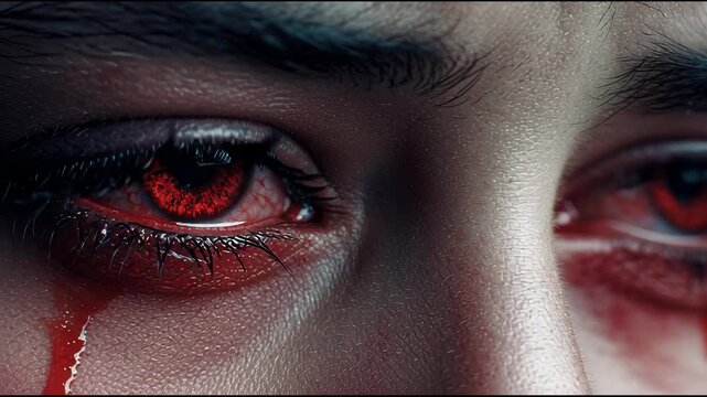 Red-eyed person shedding blood tears, capturing a moment of intense emotion and distress