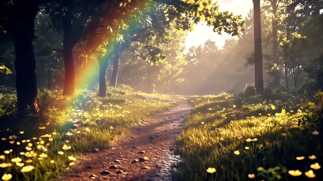 A vivid, sunlit forest scene with a dirt path surrounded by lush greenery and yellow flowers. The path is bordered by tall grasses and wildflowers, with a few scattered leaves on the ground.