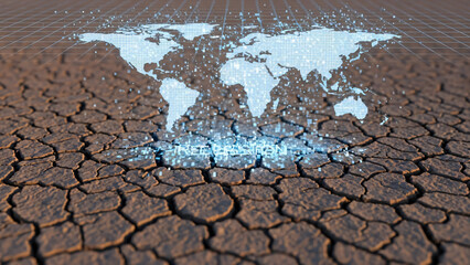 Digital world map glowing over cracked dry earth, symbolizing global environmental challenges and water scarcity.