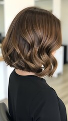 Rear view of a woman with stylish short wavy brown hair in a salon with a blurred background.