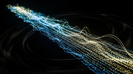 Abstract digital stream of glowing blue and golden particles flowing through a dark space with subtle circular patterns.
