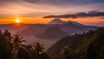 Obraz premium Sunrise over Mount Bromo volcanic peaks glow in orange purple sky with lush trees and distant ridges