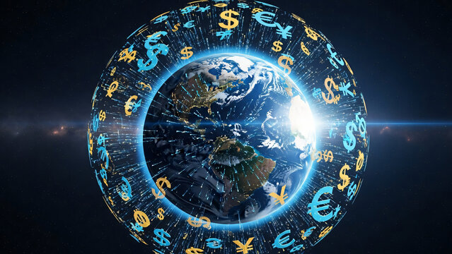 Digital globe with glowing currency symbols encircling Earth, representing global finance and international economy. - Powered by Adobe