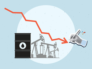 A black and white hand draws a falling red arrow against the background of a barrel of oil and oil rigs. The concept of falling oil prices. Modern photo collage style. Vector illustration