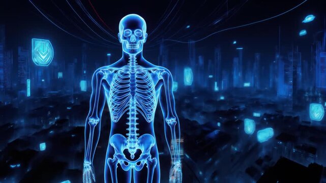 Futuristic Digital Skeletons Navigating a Blue Cyberpunk Cityscape of Information and Security