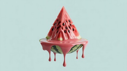 A surreal of a melting triangular watermelon with dripping red juice and a green slice at the base against a light blue background