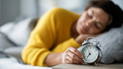 Faceless woman have insomnia on bed selective focus alarm clock three in morning sleep disorder nighttime anxiety bedroom struggle time awareness distress defocused